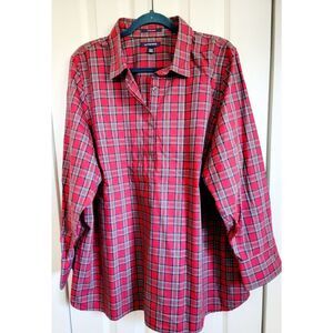Lands’ End 22W Women’s Red Plaid‎ Long Sleeve Tunic Top Supima Cotton LS